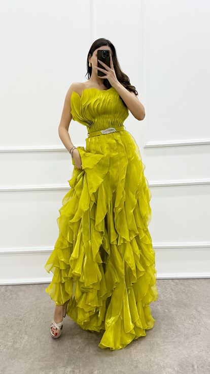 Yellow Strapless Ruffle Detail Belted Evening Dress