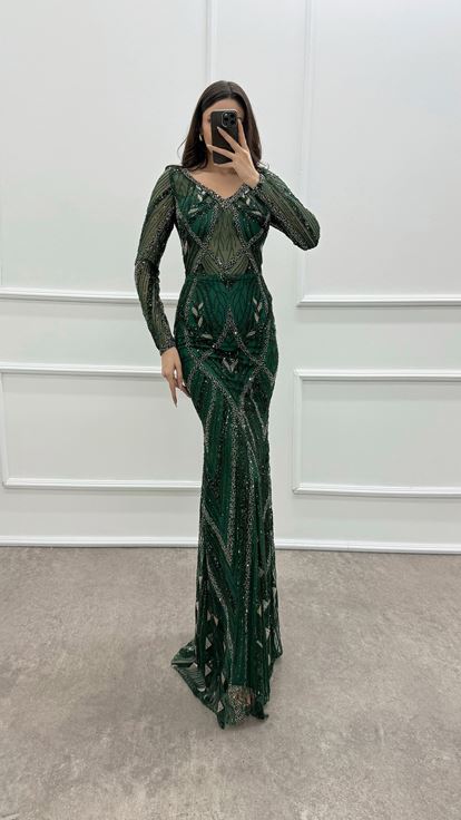 Smaragdgrünes Designer Kleid mit V Ausschnitt und Stickereien