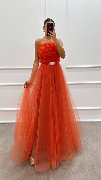Orange Strapless Chest Detail Brooch Tulle Dress