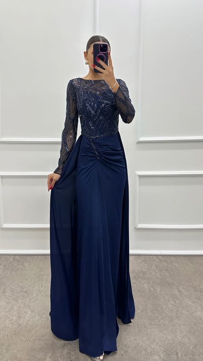 Navy Blue Chest Embroidered Design Satin Evening Dress