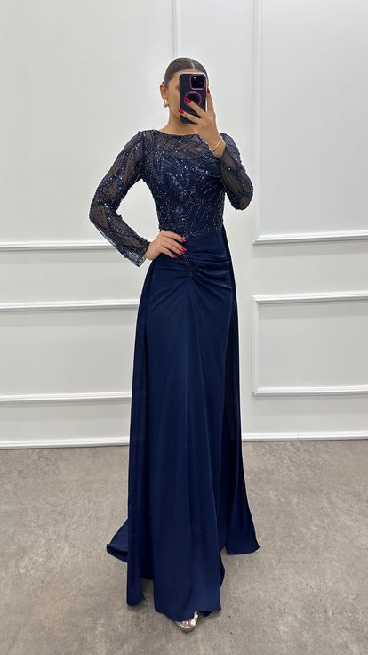 Navy Blue Chest Embroidered Design Satin Evening Dress