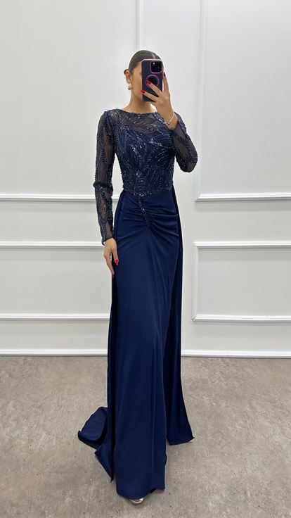 Navy Blue Chest Embroidered Design Satin Evening Dress
