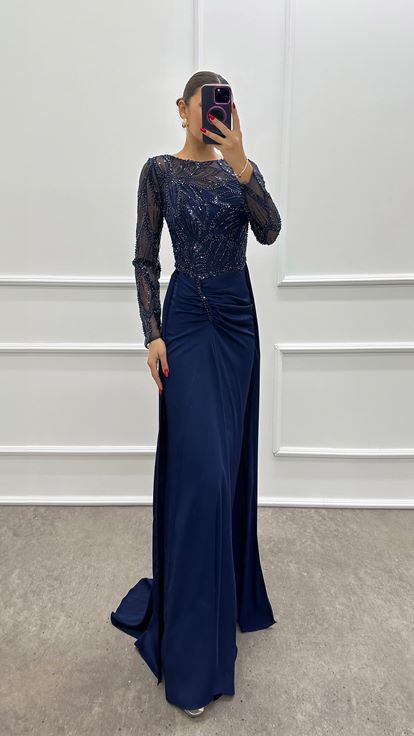 Navy Blue Chest Embroidered Design Satin Evening Dress