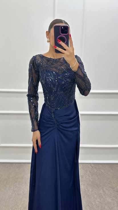Navy Blue Chest Embroidered Design Satin Evening Dress