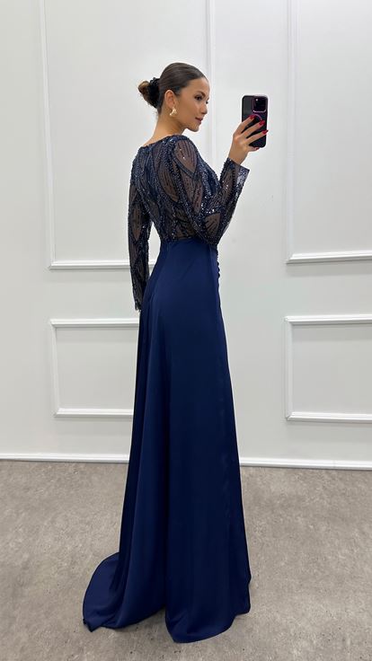 Navy Blue Chest Embroidered Design Satin Evening Dress
