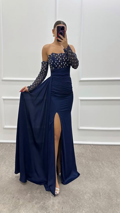 Navy blue strapless designer dress with chest and arms
