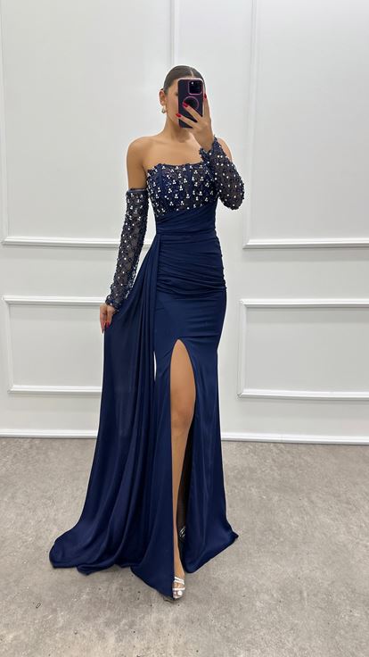 Navy blue strapless designer dress with chest and arms