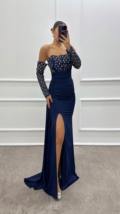 Navy blue strapless designer dress with chest and arms