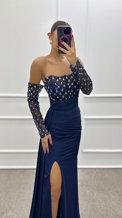 Navy blue strapless designer dress with chest and arms