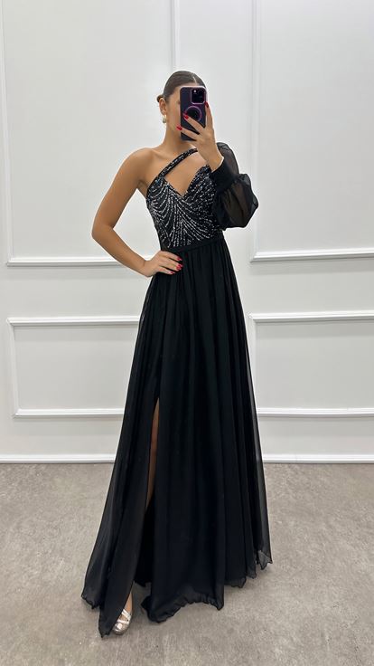 Black One Shoulder Dress with Embroidered Bust
