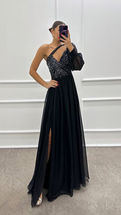 Black One Shoulder Dress with Embroidered Bust