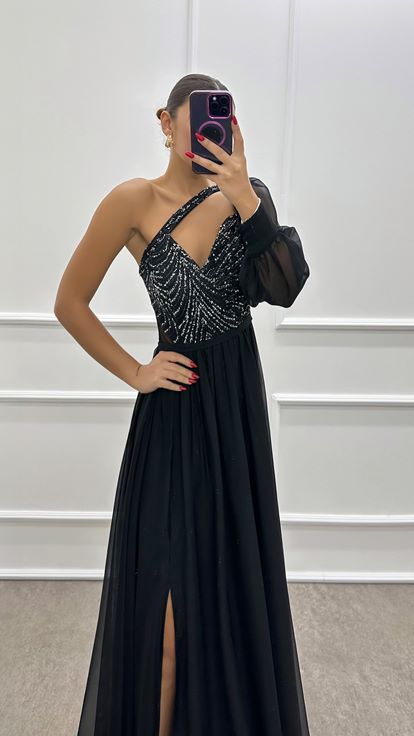 Black One Shoulder Dress with Embroidered Bust