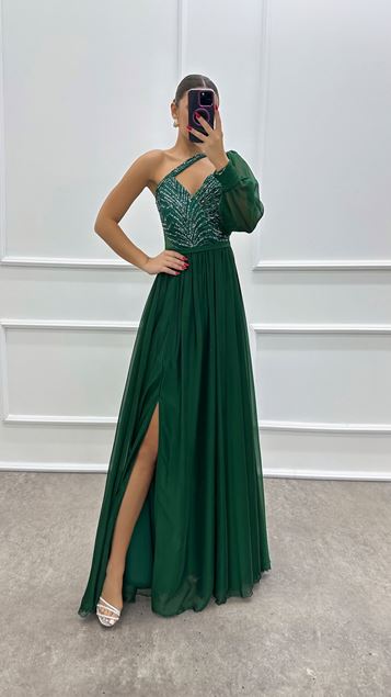 Abito dal design ricamato monospalla verde smeraldo