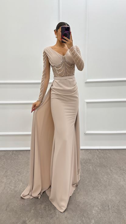 Beige Transparent Detail Embroidered Designer Dress