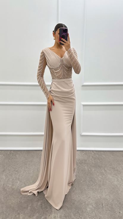 Beige Transparent Detail Embroidered Designer Dress