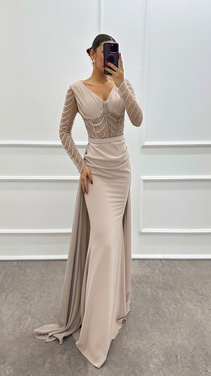 Beige Transparent Detail Embroidered Designer Dress