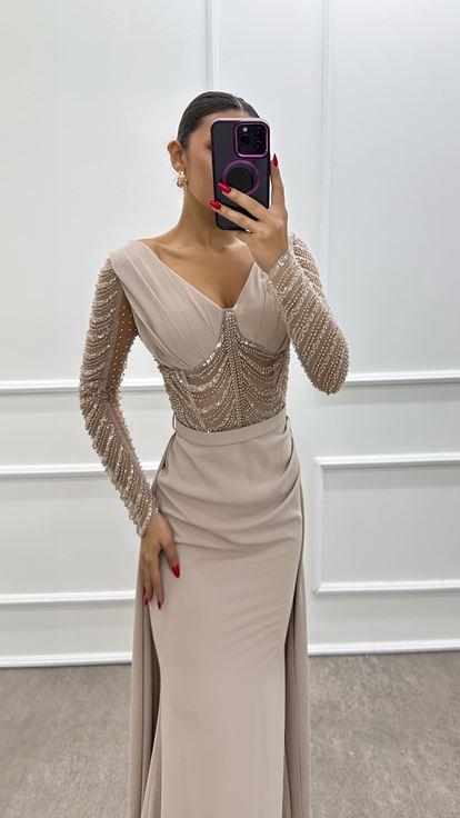 Beige Transparent Detail Embroidered Designer Dress