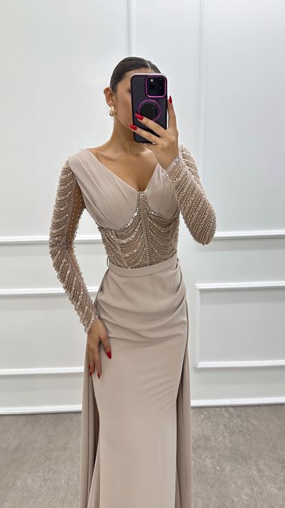 Beige Transparent Detail Embroidered Designer Dress