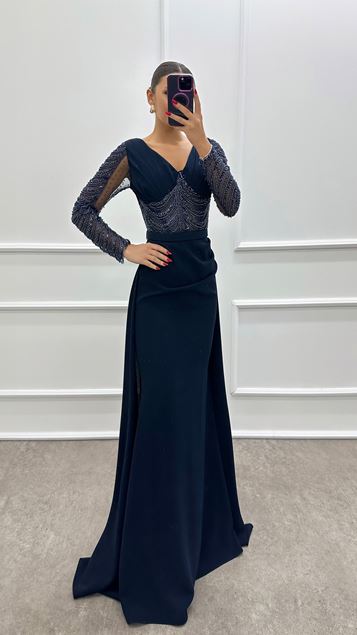Navy Blue Transparent Detail Embroidered Design Dress