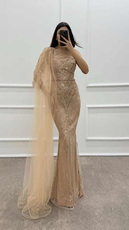 Beige One Shoulder Embroidery Detail Design Evening Dress