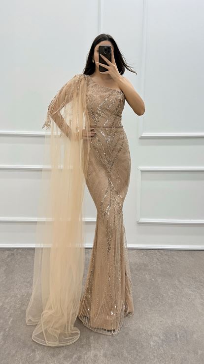 Beige One Shoulder Embroidery Detail Design Evening Dress