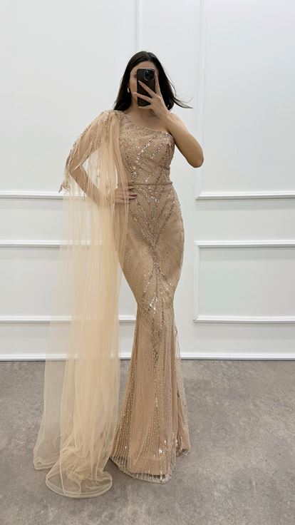 Beige One Shoulder Embroidery Detail Design Evening Dress