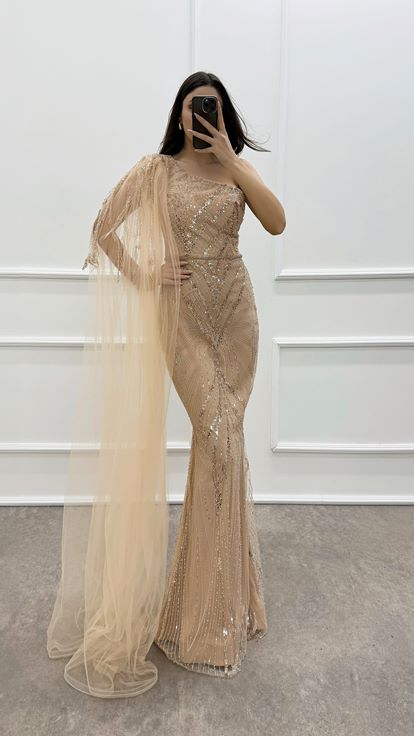 Beige One Shoulder Embroidery Detail Design Evening Dress