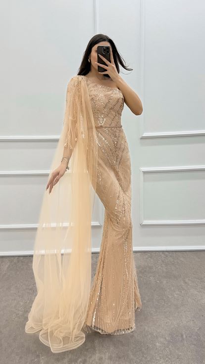 Beige One Shoulder Embroidery Detail Design Evening Dress