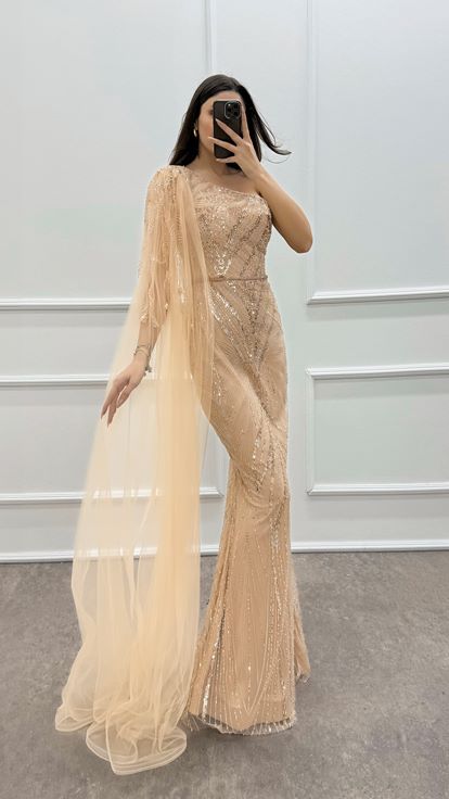 Beige One Shoulder Embroidery Detail Design Evening Dress