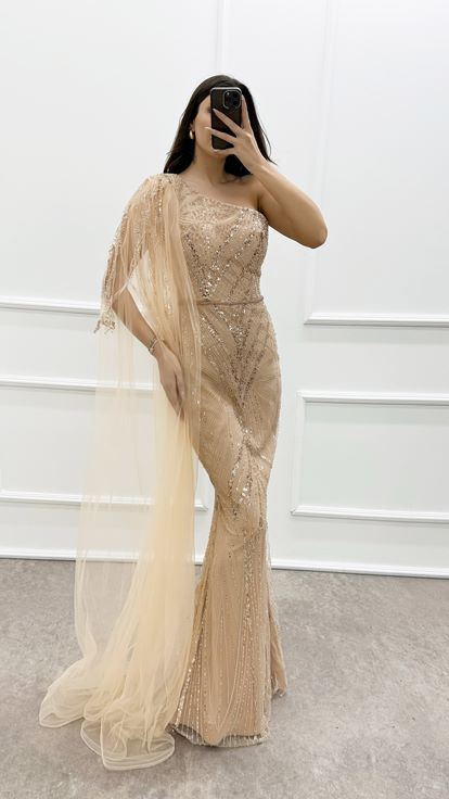 Beige One Shoulder Embroidery Detail Design Evening Dress