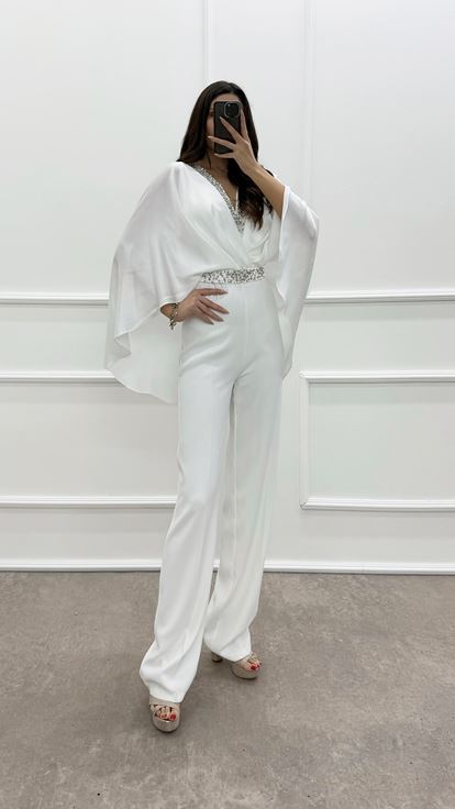 White Double-breasted Collar Cape Jeweled Jumpsuit