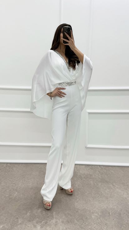 White Double-breasted Collar Cape Jeweled Jumpsuit