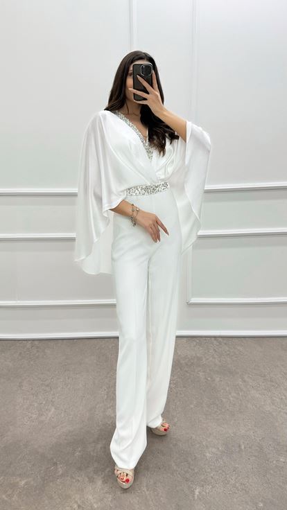 White Double-breasted Collar Cape Jeweled Jumpsuit