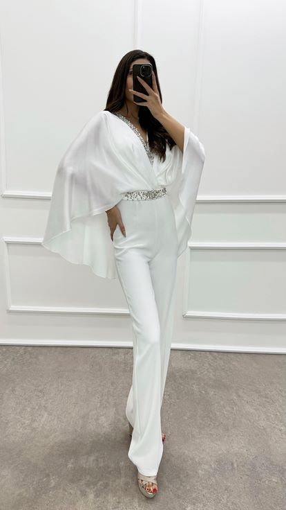 White Double-breasted Collar Cape Jeweled Jumpsuit
