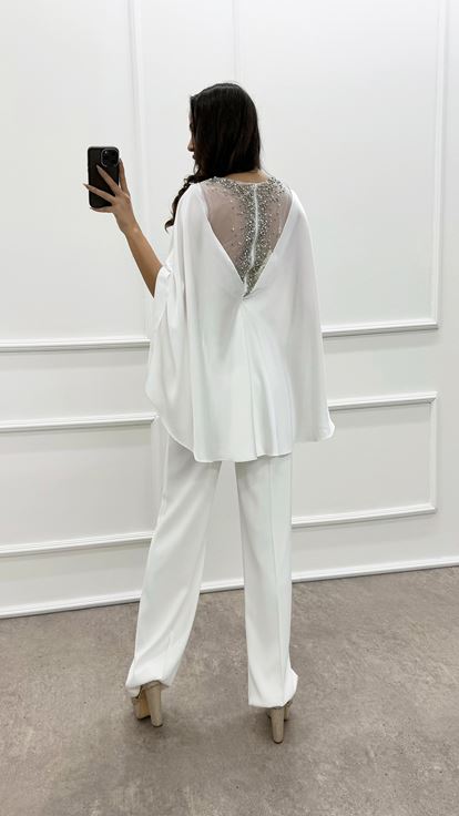 White Double-breasted Collar Cape Jeweled Jumpsuit