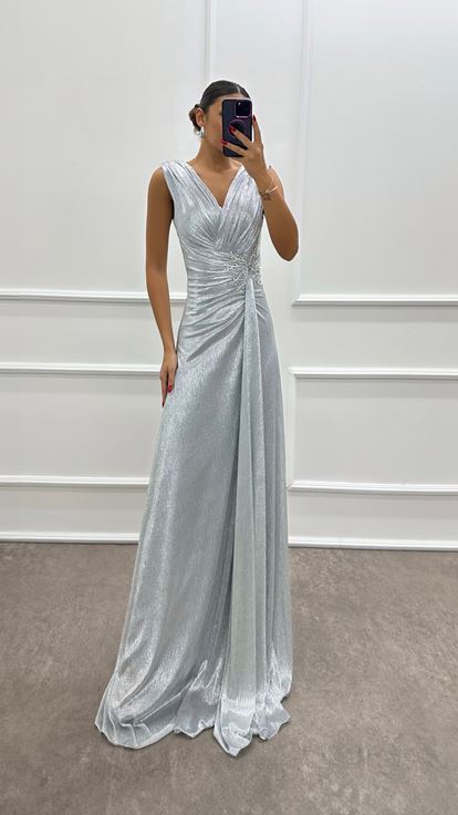 Gri V Yaka Bel Detay Tasarım Elbise