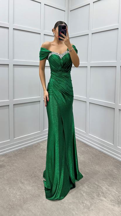 Emerald Green Shoulder Detail Chest Draped Embroidered Dress