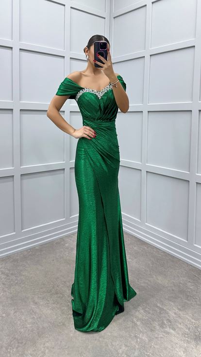 Emerald Green Shoulder Detail Chest Draped Embroidered Dress
