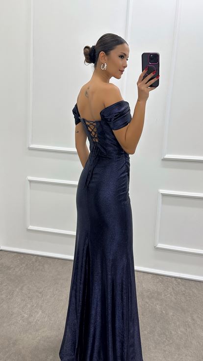 Lacivert Omuz Detay Göğsü Drapeli İşlemeli Elbise