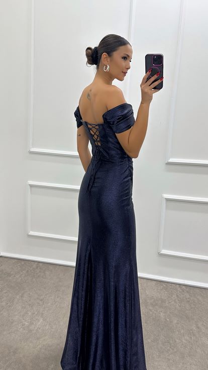 Lacivert Omuz Detay Göğsü Drapeli İşlemeli Elbise