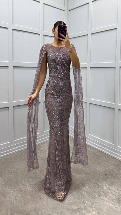 Lilac Sleeve Detail Embroidered Design Evening Dress