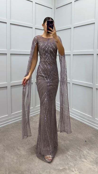 Lilac Sleeve Detail Embroidered Design Evening Dress