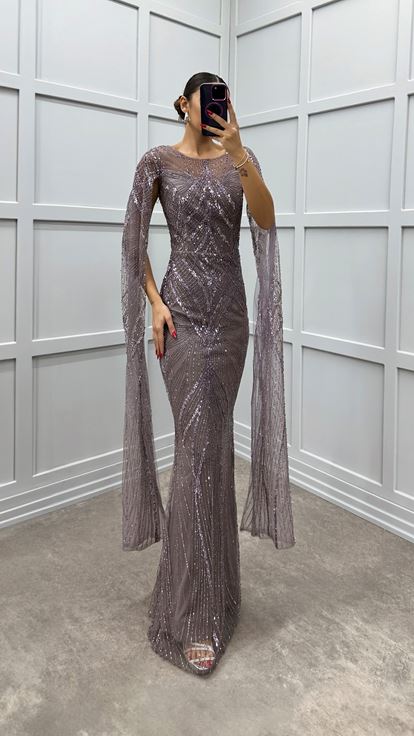 Lilac Sleeve Detail Embroidered Design Evening Dress