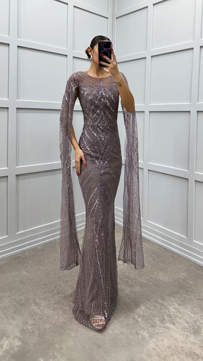Lilac Sleeve Detail Embroidered Design Evening Dress