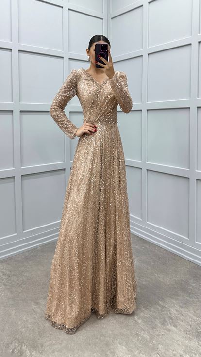 Beige Stone Design Sequin Evening Dress