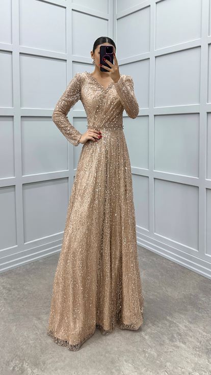 Beige Stone Design Sequin Evening Dress