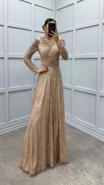 Beige Stone Design Sequin Evening Dress