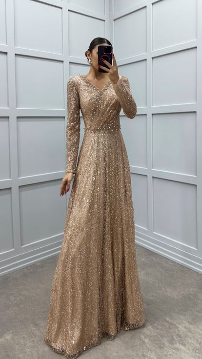 Beige Stone Design Sequin Evening Dress