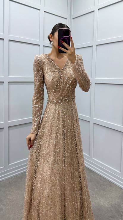 Beige Stone Design Sequin Evening Dress