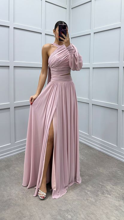 Beige One Sleeve Shoulder Detail Designer Dress